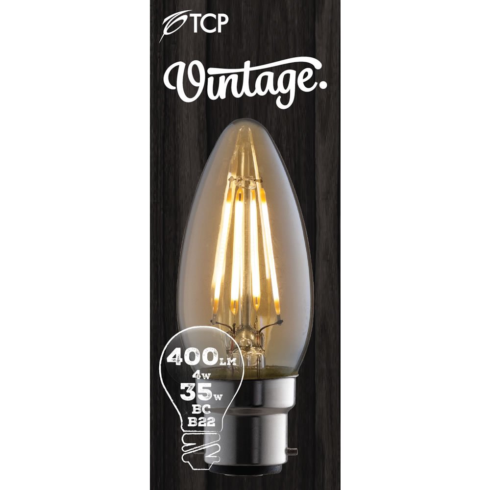 TCP 1 pack Bayonet B22/BC LED 4W 400 Lumens Vintage Candle Filament Bulb Image 1