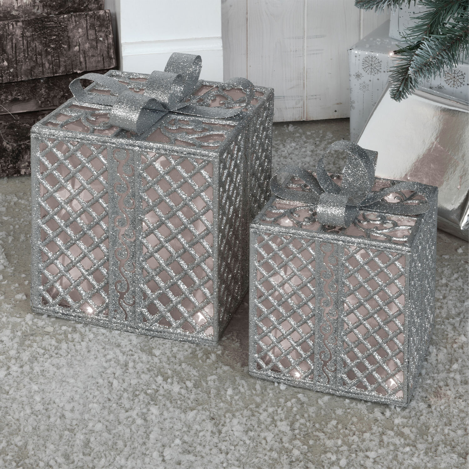 Platinum Eternity LED Silver Christmas Presents Christmas Decoration Set of 2 Image 3