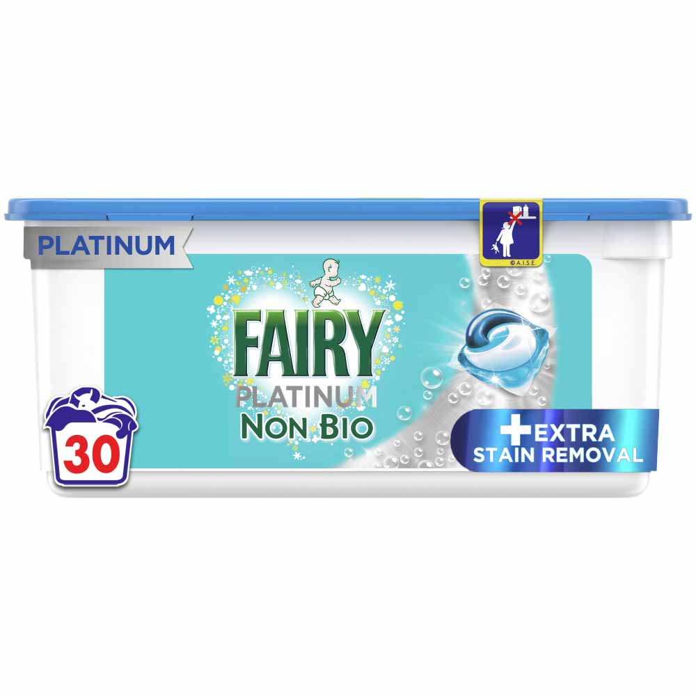 Fairy Platinum +Stain Remover Non Bio Pods Washing Liquid Capsules for Sensitive Skin 30 Washes Image 1