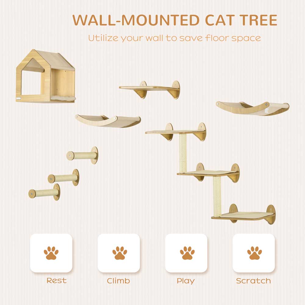 PawHut 8 Piece Cat Shelves Set with Cat House, 3 Perches Image 5