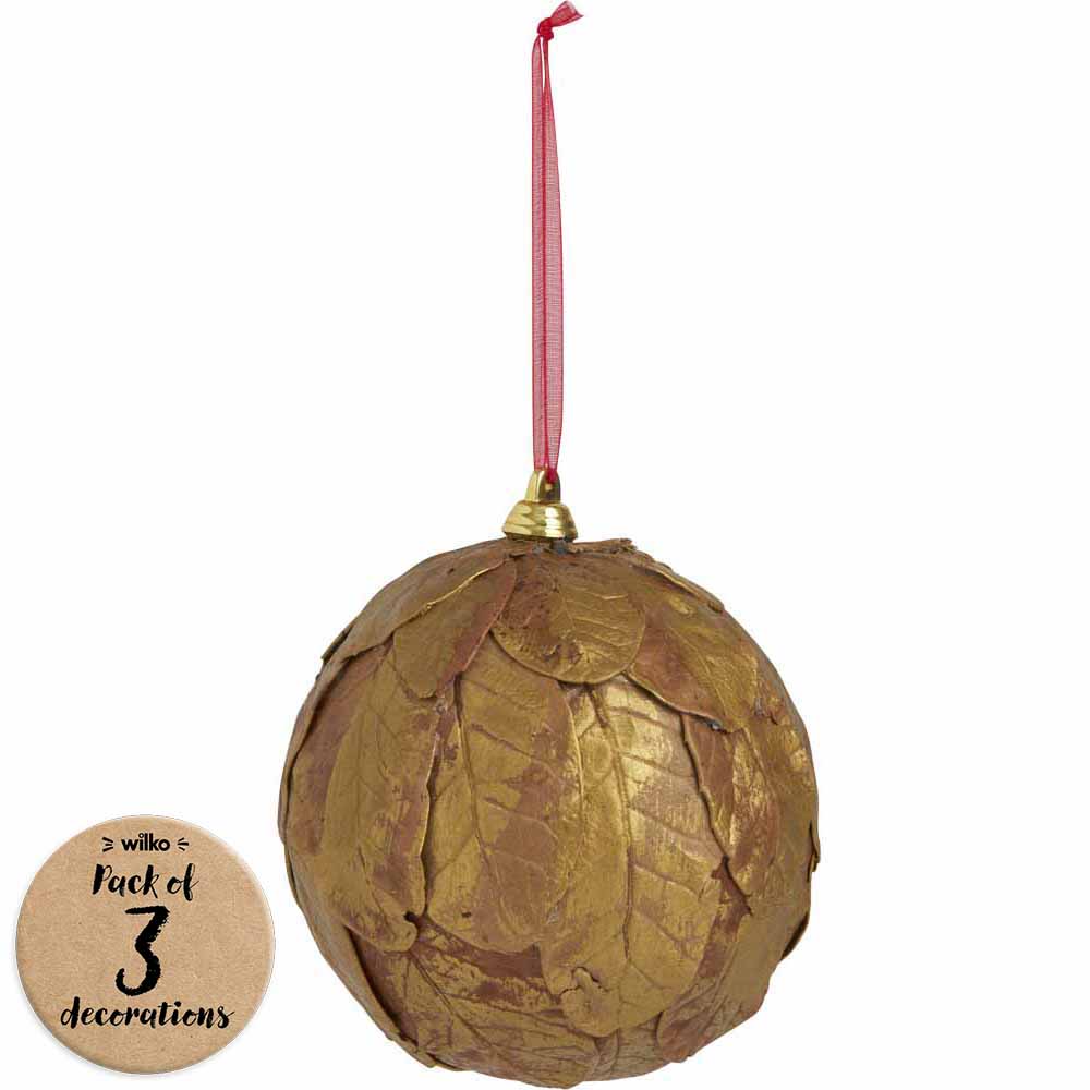 Wilko Rococo Gold Leave Brush Ball Christmas Baubles 3 Pack Image 1