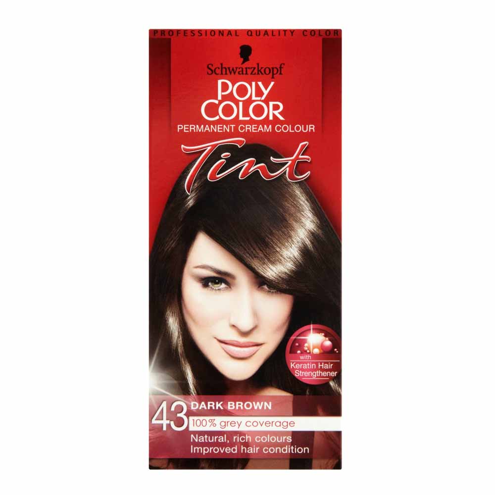 Schwarzkopf Poly Color Dark Brown 43 Permanent Hair Dye  - wilko Achieve a rich, natural shade with Schwarzkopf Poly Color Tint 43 Dark Brown. Poly Color Tint professional quality permanent hair colour offers natural  looking  colours with 100% grey coverage. The highly concentrated colour pigments penetrate deeply into the hair structure to ensure a rich, long-lasting  colour result, even  on grey or white hair. The Keratin Hair Strengthener strengthens the keratin structure of the hair while colouring. For healthy,  strengthened hair.  The  colour result depends upon your natural hair colour. For long or thick hair we recommend using two packs. Please always  read the enclosed instruction leaflet  thoroughly before use.  Conduct an allergy alert test 48 hours before each time you colour, even if you have  already used colouring products before. So  remember to buy the product 48 hours in advance.Pack contains 1x each 50ml colour cream, 40ml  developer lotion and pair colourist gloves. Permanent  colour. One application. Caution; contains resorcinol, phenylenediamines and hydrogen peroxide.  Warning! Hair colorants can cause severe allergic reactions. Not  intended for use by persons under 16 years. Keep out of reach of children. For external use  only. Always read instructions carefully before use.