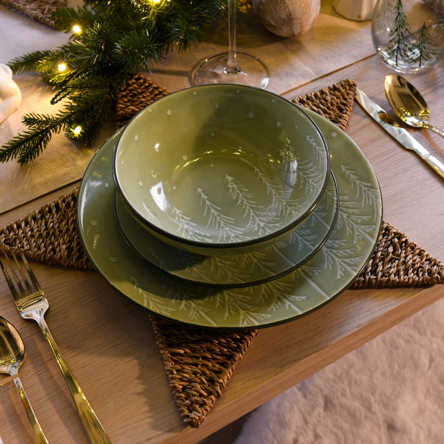 12 Piece Nordic Tree Dinner Set Sage Image 2