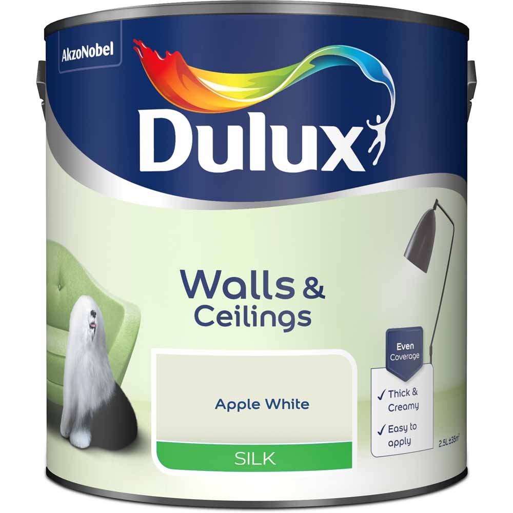 Dulux Walls & Ceilings Apple White Silk Emulsion Paint 2.5L Image 2