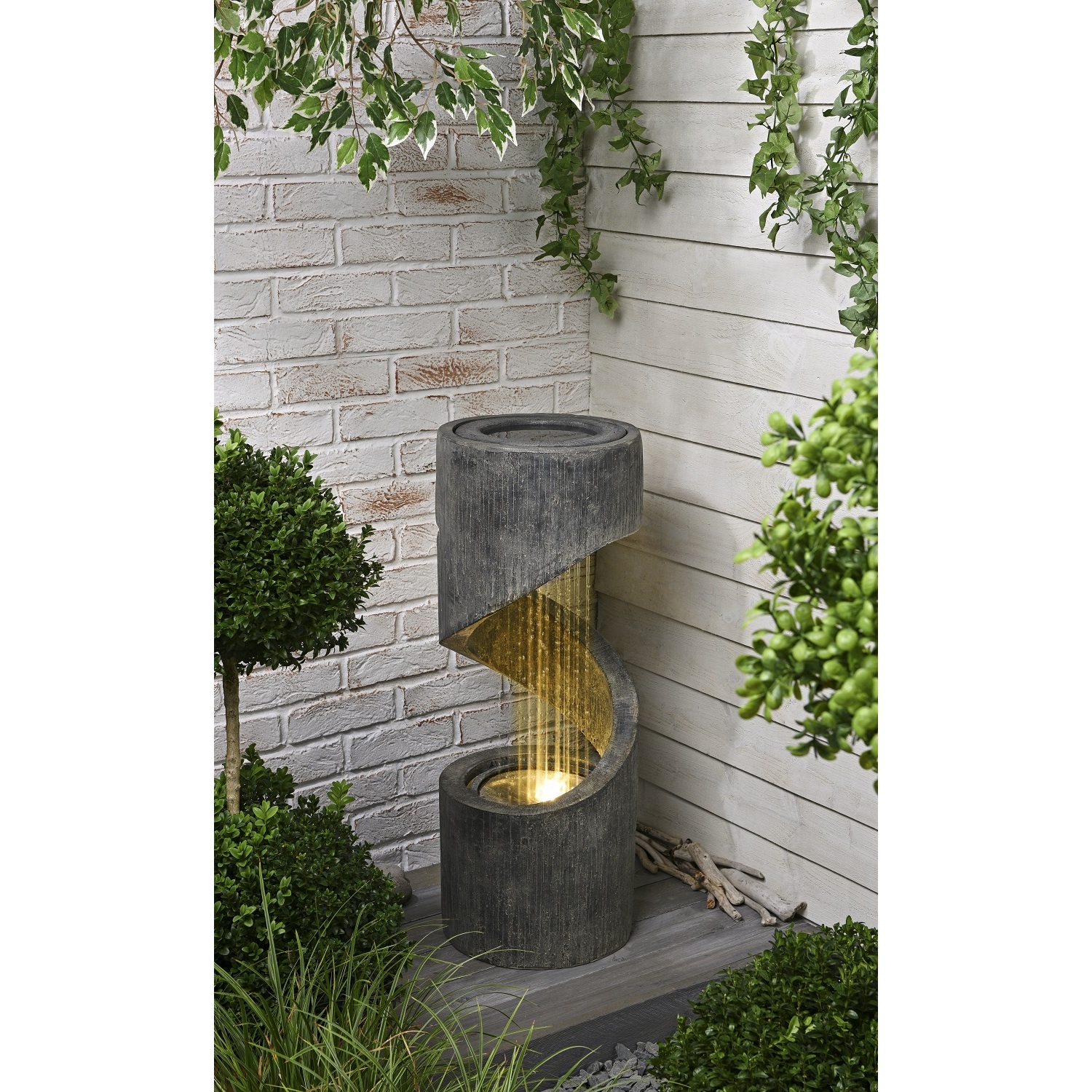 My Garden Grey Polyresin Twirl Fountain with LED Light Image 3