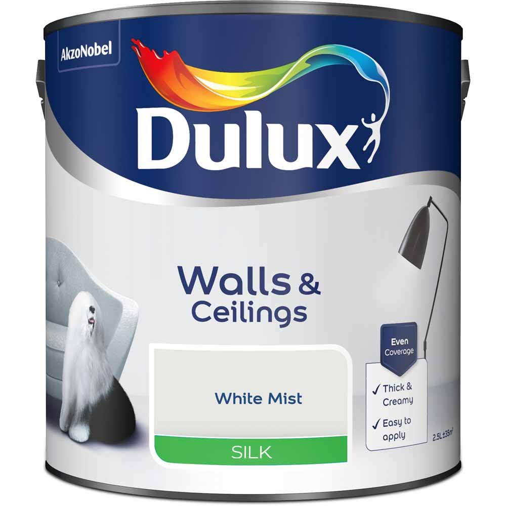 Dulux Walls & Ceilings White Mist Silk Emulsion Paint 2.5L Image 2