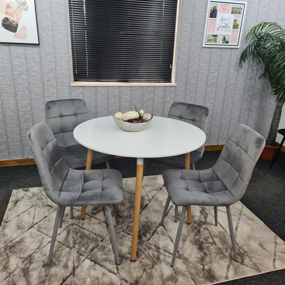 Portland 4 Seater Round Wood Velvet Dining Set White and Grey Image 3