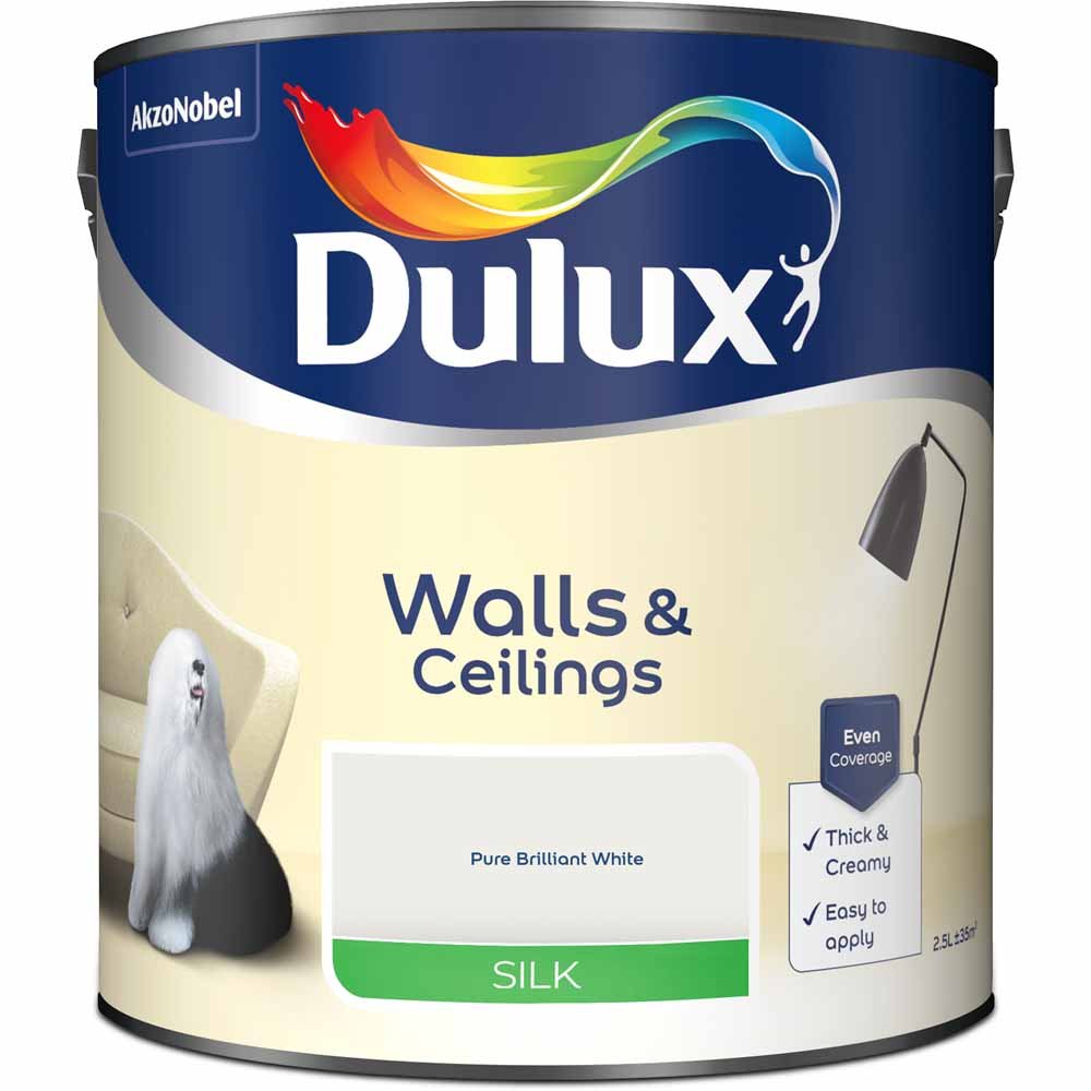 Dulux Walls & Ceilings Pure Brilliant White Silk Emulsion Paint 2.5L Image 2