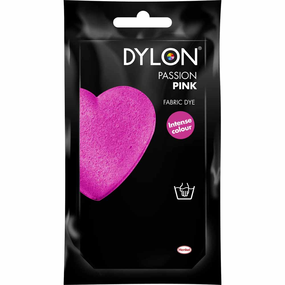 Dylon Passion Pink Hand Dye 50g  - wilko Dylon Hand Dye is ideal for dyeing smaller items, delicate items such as wool and silk and for crafts such as tie-dye. Use by hand in warm water to give strong, permanent colour to natural fabrics. This pack is bursting with a whole spectrum of ideas, and with Dylon you have all the colours of the rainbow to choose from. So, wake up your wardrobe, revive a faded scarf or brighten some cushion covers with colour, ease and permanent results you?ll be proud of! This shade will always have an air of classic, chic sophistication. You'll also need 250g of ordinary salt (not included). 1 pack dyes up to 250g fabric (e.g. shirt) to full shade or larger amounts to lighter shade. Not suitable for pure polyester, acrylic, nylon and fabric with special finishes. Colour mixing rules apply (e.g. blue on red gives purple). Warning: Always read instructions. Irritant. May cause an allergic reaction. Keep out of reach of children. Directions for use: Weigh dry fabric, wash thoroughly. Leave damp. Using rubber gloves, dissolve dye in 500ml warm water. Fill bowl/stainless steel sink with approx 6 litres warm water (40°C). Stir in 250g (10tbsp) salt. Add dye & stir well. Submerge fabric in water. Stir for 15mins, then stir regularly for 45mins. Rinse fabric in cold water. Wash in warm water & dry away from direct heat & sunlight. Requires 250g salt.