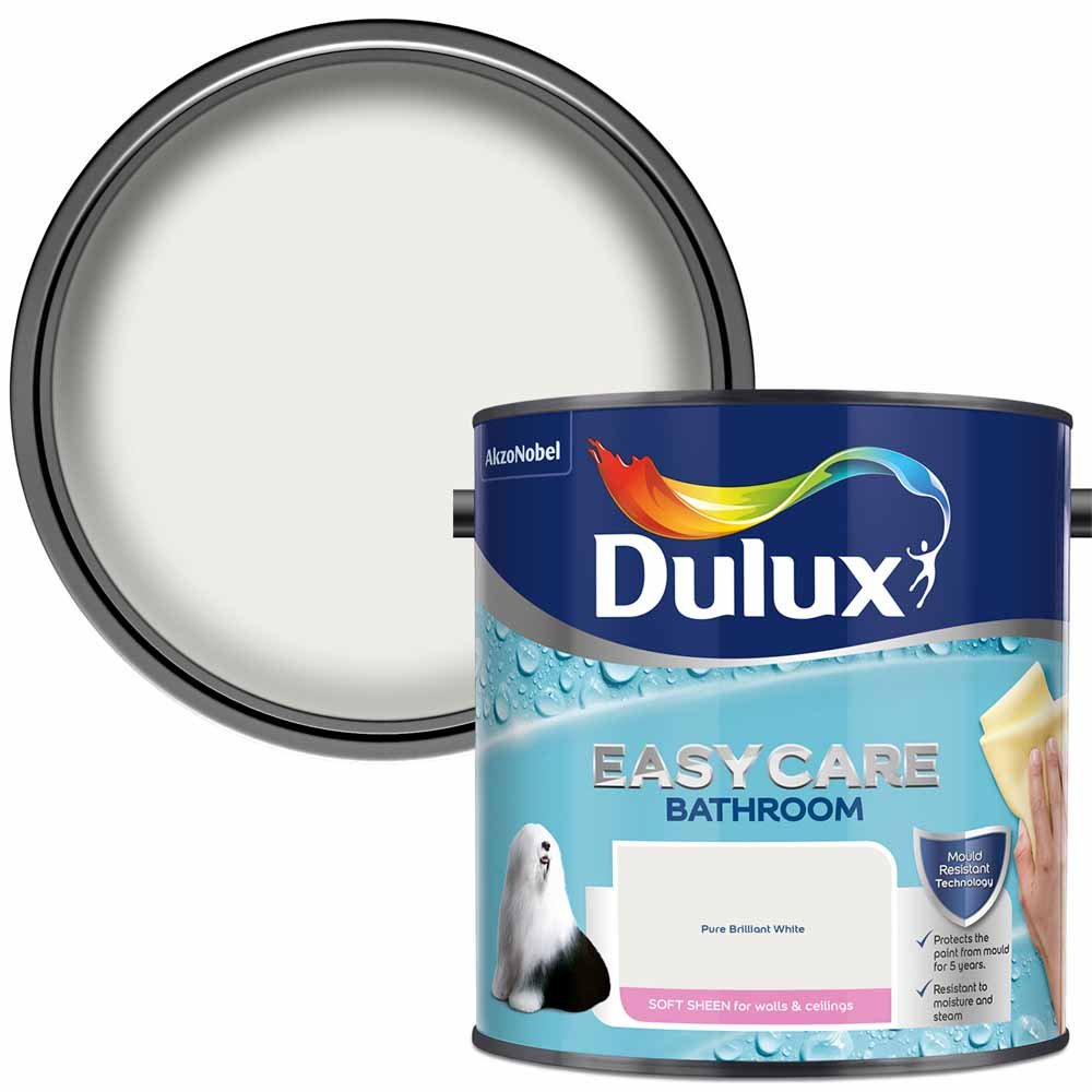 Dulux Bathroom Pure Brilliant White Soft Sheen Emulsion Paint 2.5L Image 1