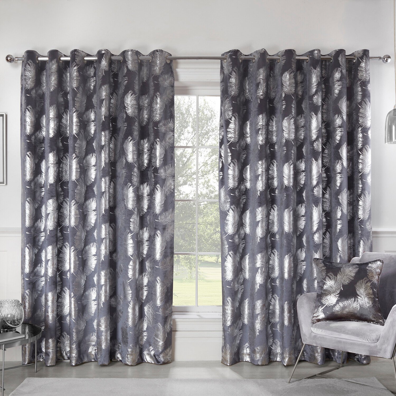 Divante Charcoal Plume Metallic Feather Eyelet Curtains 168 x 183cm Image 1