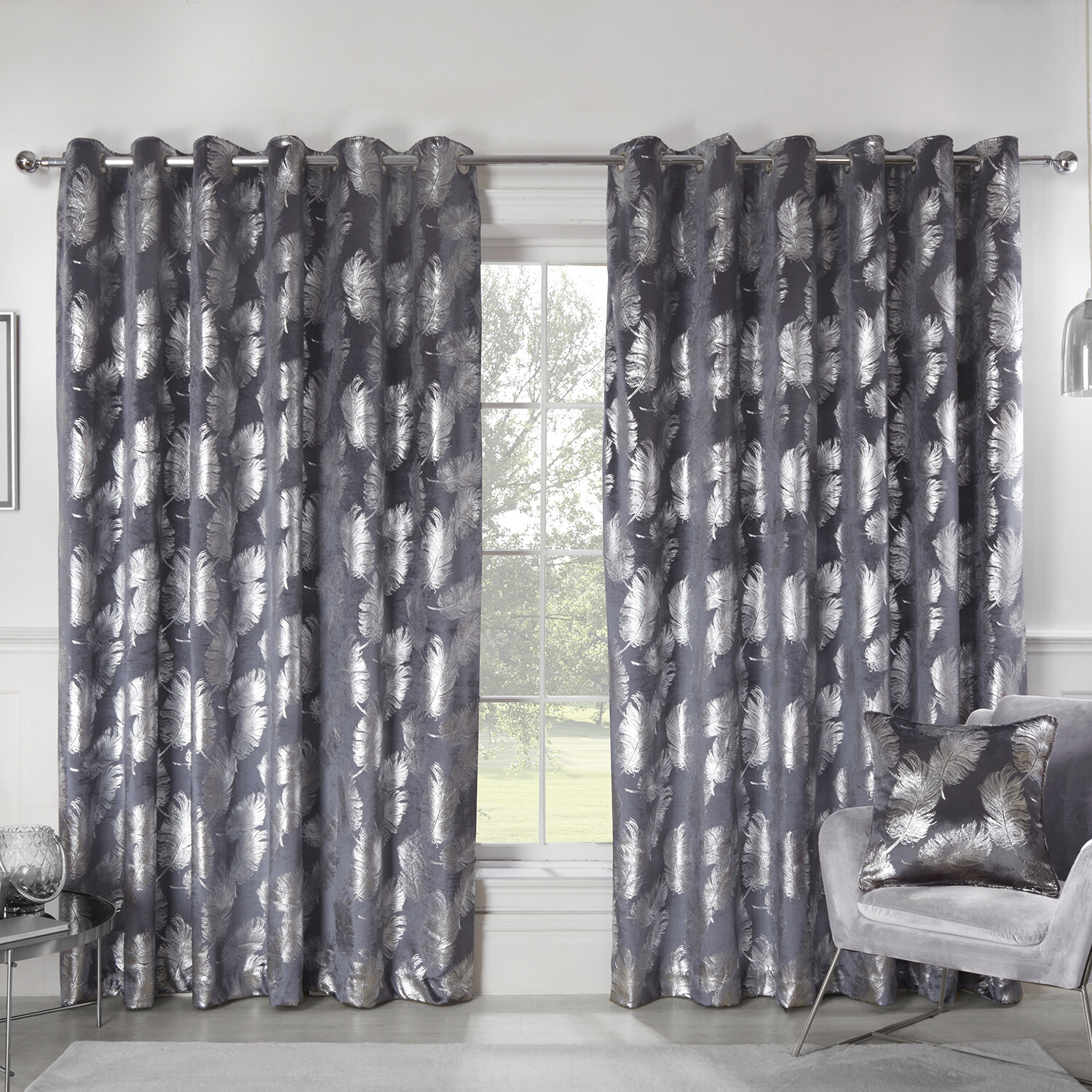Divante Plume Charcoal Metallic Feather Curtains 168 x 137cm Image 1