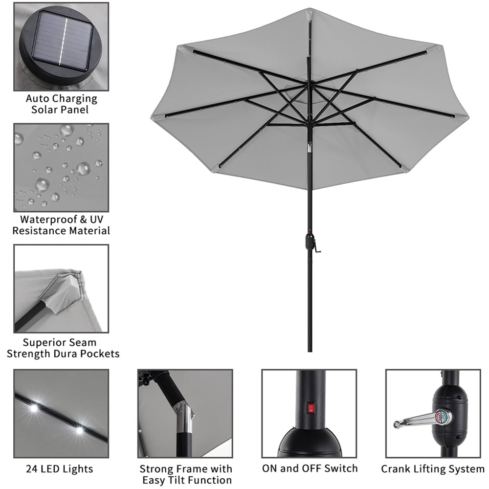 Living and Home Light Grey Solar LED Garden Parasol with Resin Base 3m Image 8