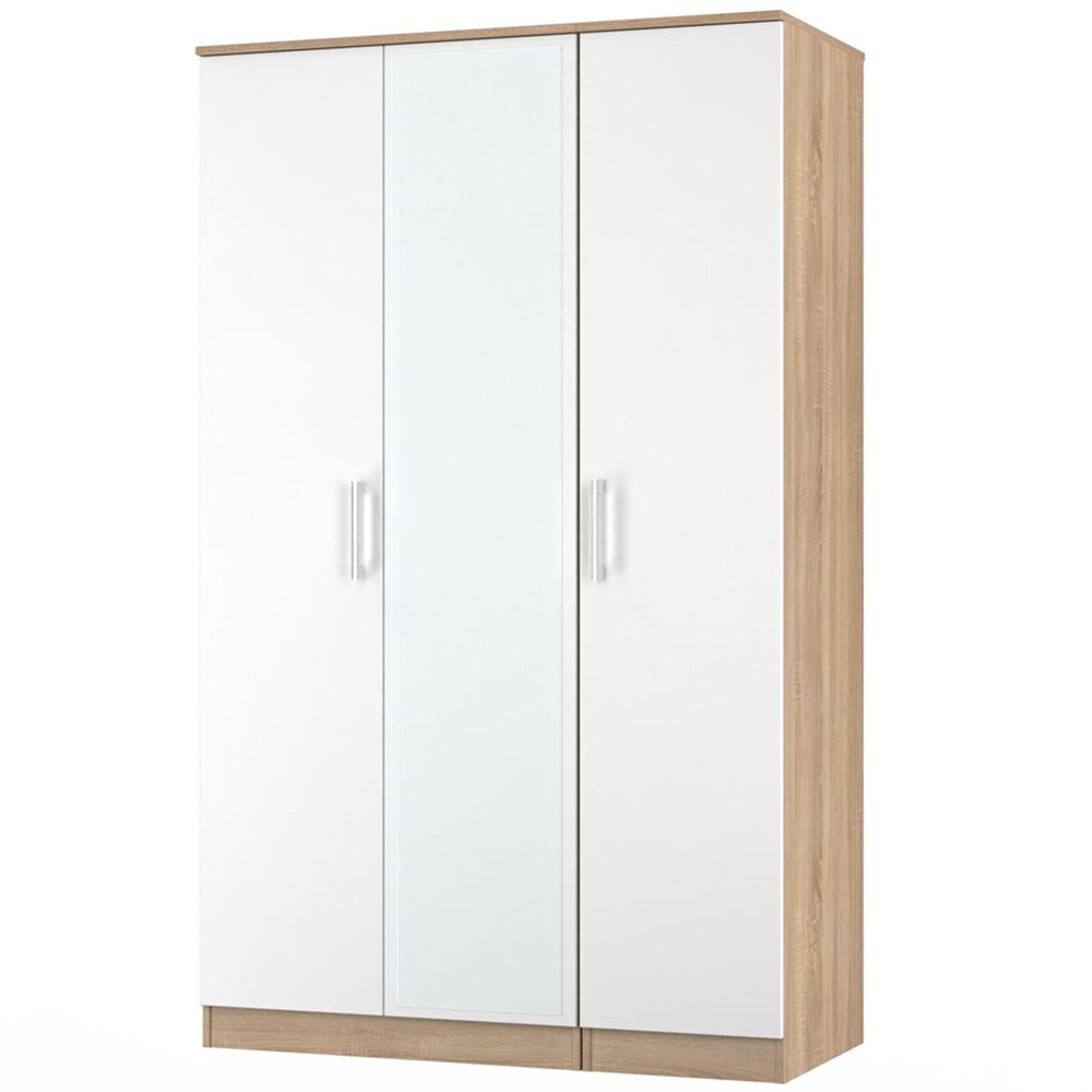 Crowndale Devon 3 Door Matt White and Bardolino Oak Mirrored Wardrobe Ready Assembled Image 4