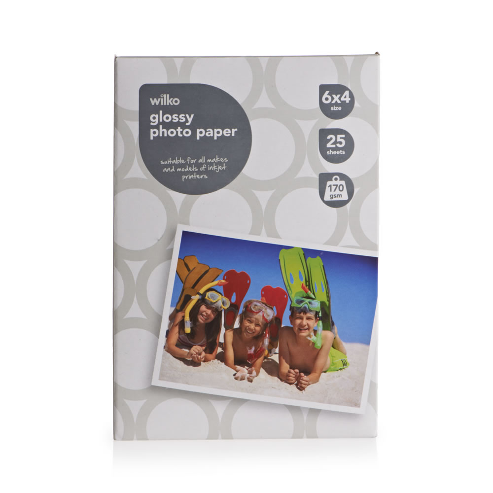 Wilko 6 x 4 inch Glossy Photo Paper 25 Sheets Our quality medium weight glossy 6x4in photo paper is ideal for printing album photographs and images for framing. The 170gsm paper gives you good quality photo reproduction with a high gloss finish. It's suitable for printing direct from your digital camera, digital media (CDs or memory cards), or high resolution images from the internet.  Includes 25 sheets and print guidelines. Wilko 6 x 4 inch Glossy Photo Paper 25 Sheets