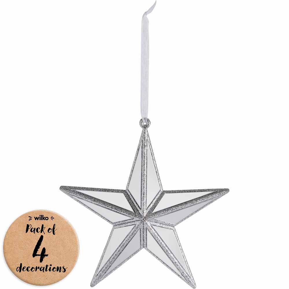 Wilko Glitters Silver Mirror Star Christmas Decorations 4 Pack Image 1