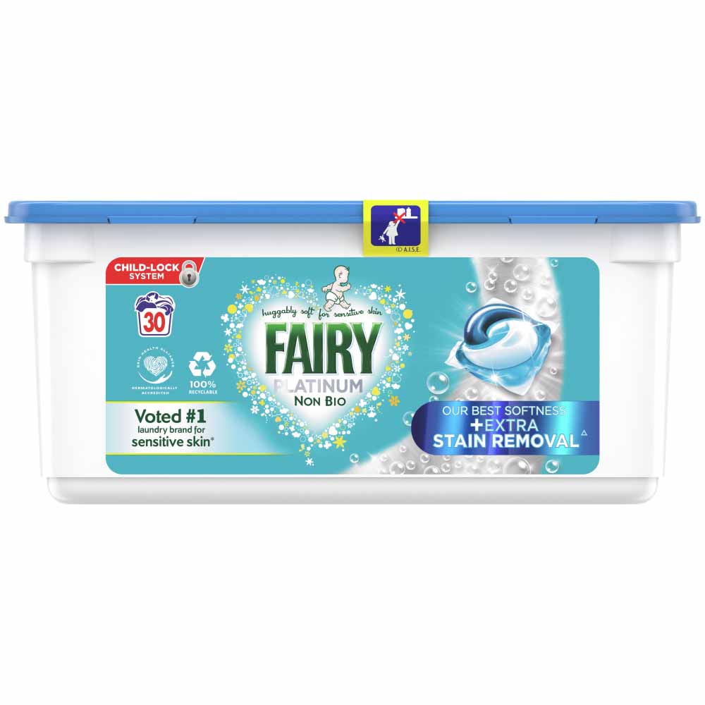 Fairy Platinum +Stain Remover Non Bio Pods Washing Liquid Capsules for Sensitive Skin 30 Washes Image 2