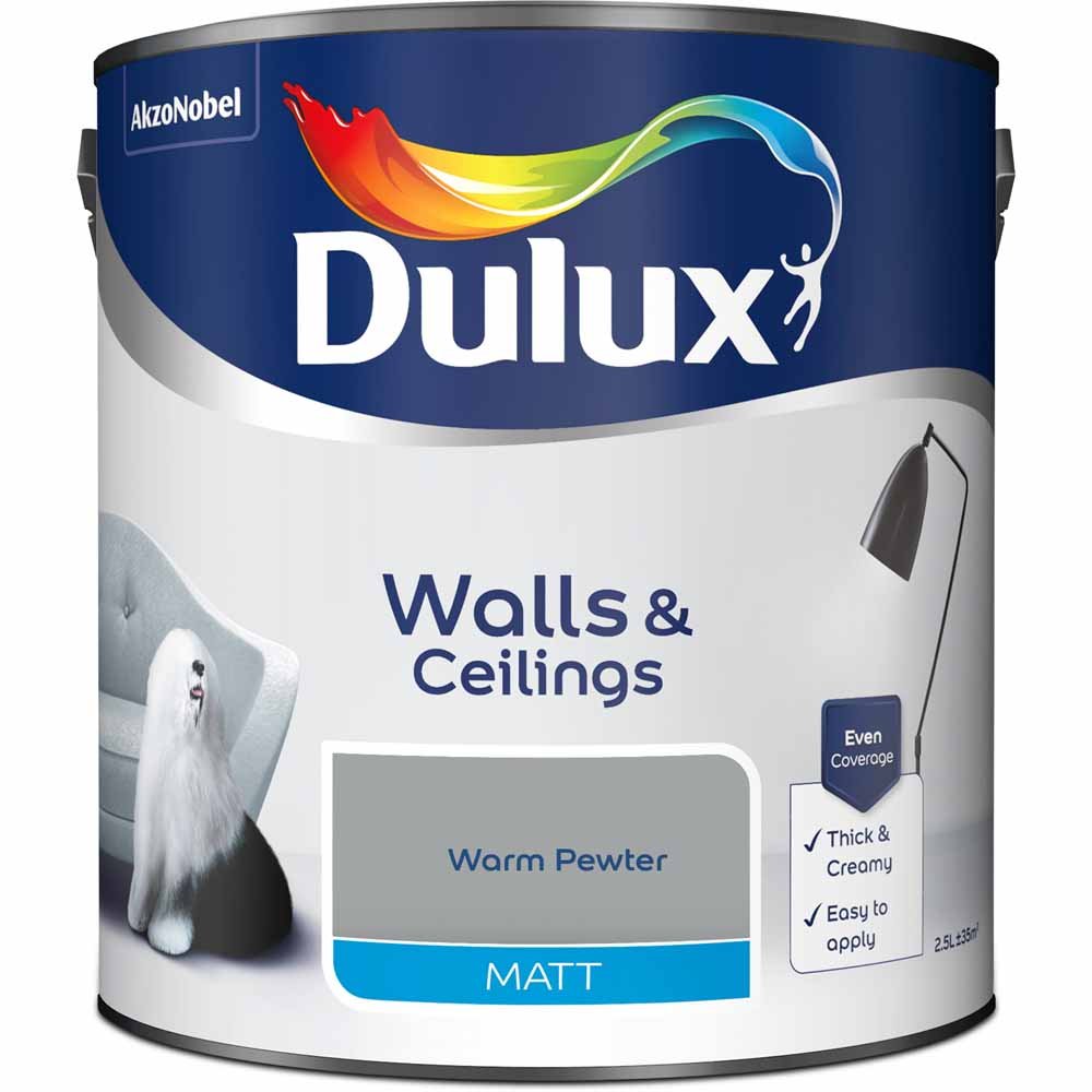Dulux Walls & Ceilings Warm Pewter Matt Emulsion Paint 2.5L Image 2