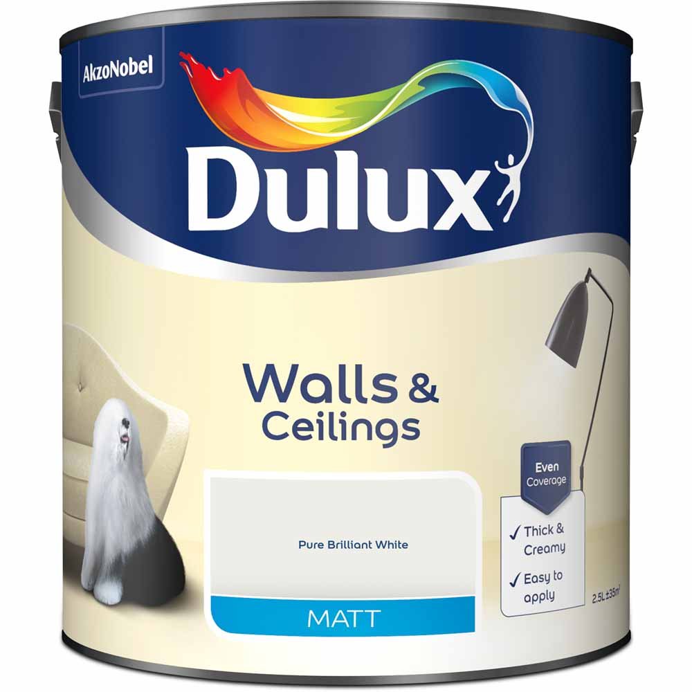 Dulux Walls & Ceilings Pure Brilliant White Matt Emulsion Paint 2.5L Image 2