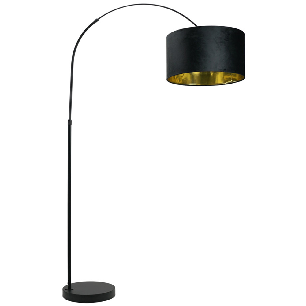ValueLights Louis Black Arched LED Floor Lamp with Black and Gold Velvet Drum Lamp Shade Image 1