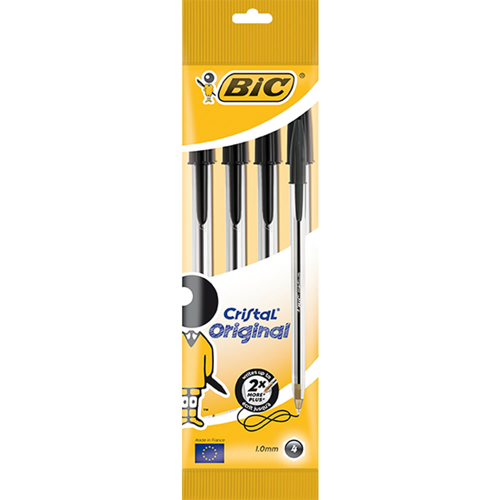 Bic Cristal Original BlackBallpoint Pens 4 pack  - wilko The BIC Cristal Original offers a comfortable writing performance with 3,000m* of writing length on average. A stationery essential, these high quality pens offer a 1.0mm tip and line width of 0.4mm to give you the control and accurate application you need. The clear barrel makes it easy to see when ink is running low. Available in a handy pouch of four the BIC Cristal Originals in black are perfect for the office, home or school.  *for blue and black pens Source: SGS tests 2012/2013 for blue and black ink.