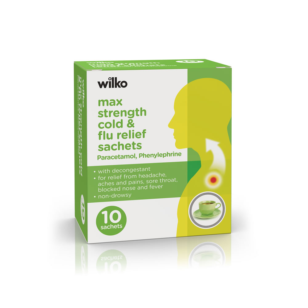 Wilko Max Strength Cold and Flu Relief Sachets 10 pack Use our Wilko max strength cold and flu lemon sachets for relief from headache, aches and pains, sore throat, blocked nose and fever. Non-drowsy.  Contains paracetamol and phenylephrine.  Always read the label.Please always read the label before use. Wilko Max Strength Cold and Flu Relief Sachets 10 pack