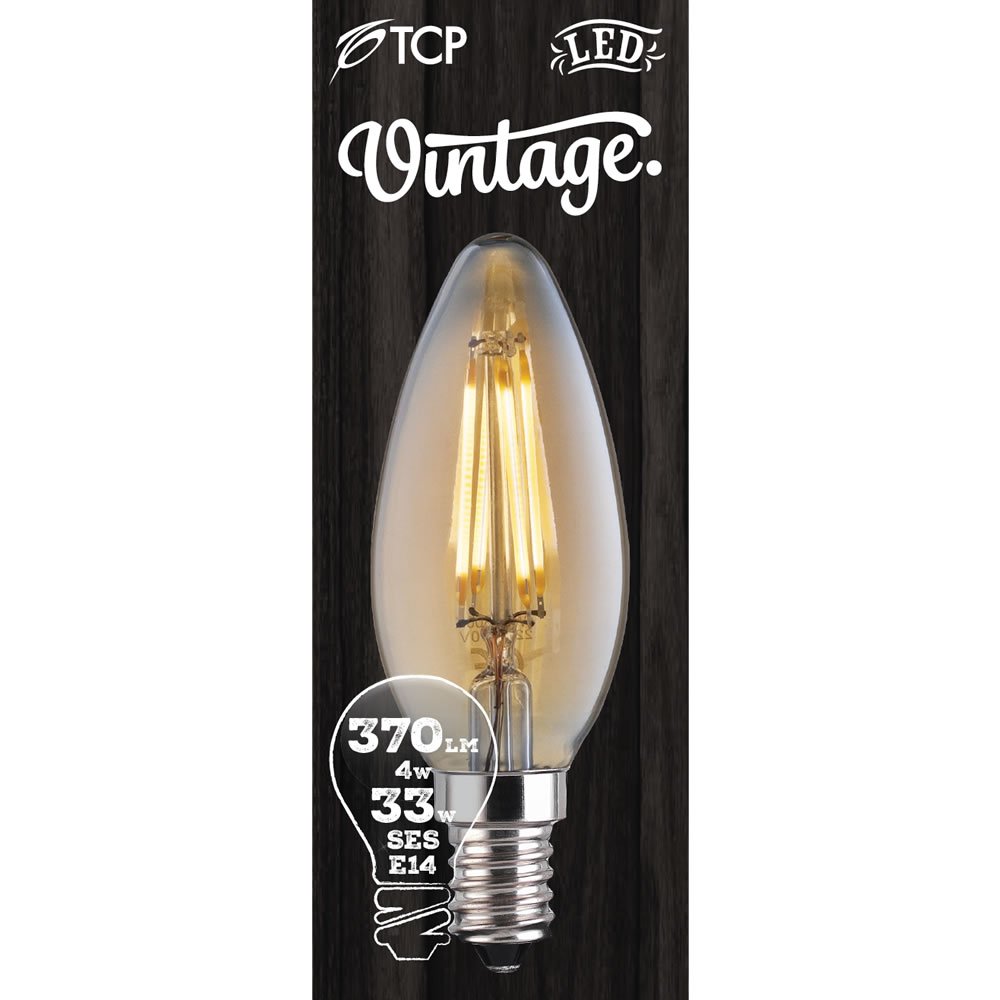 TCP 1 pack Small Screw E14/SES Vintage LED 4W 370 Lumens Candle Filament Bulb Image 1