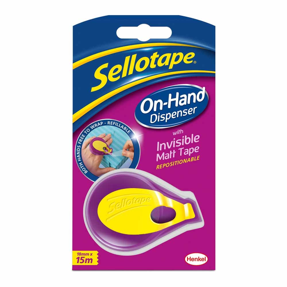 Sellotape On-Hand Tape Dispenser with Invisible Matt Tape Roll 18mm x 15m Image 1