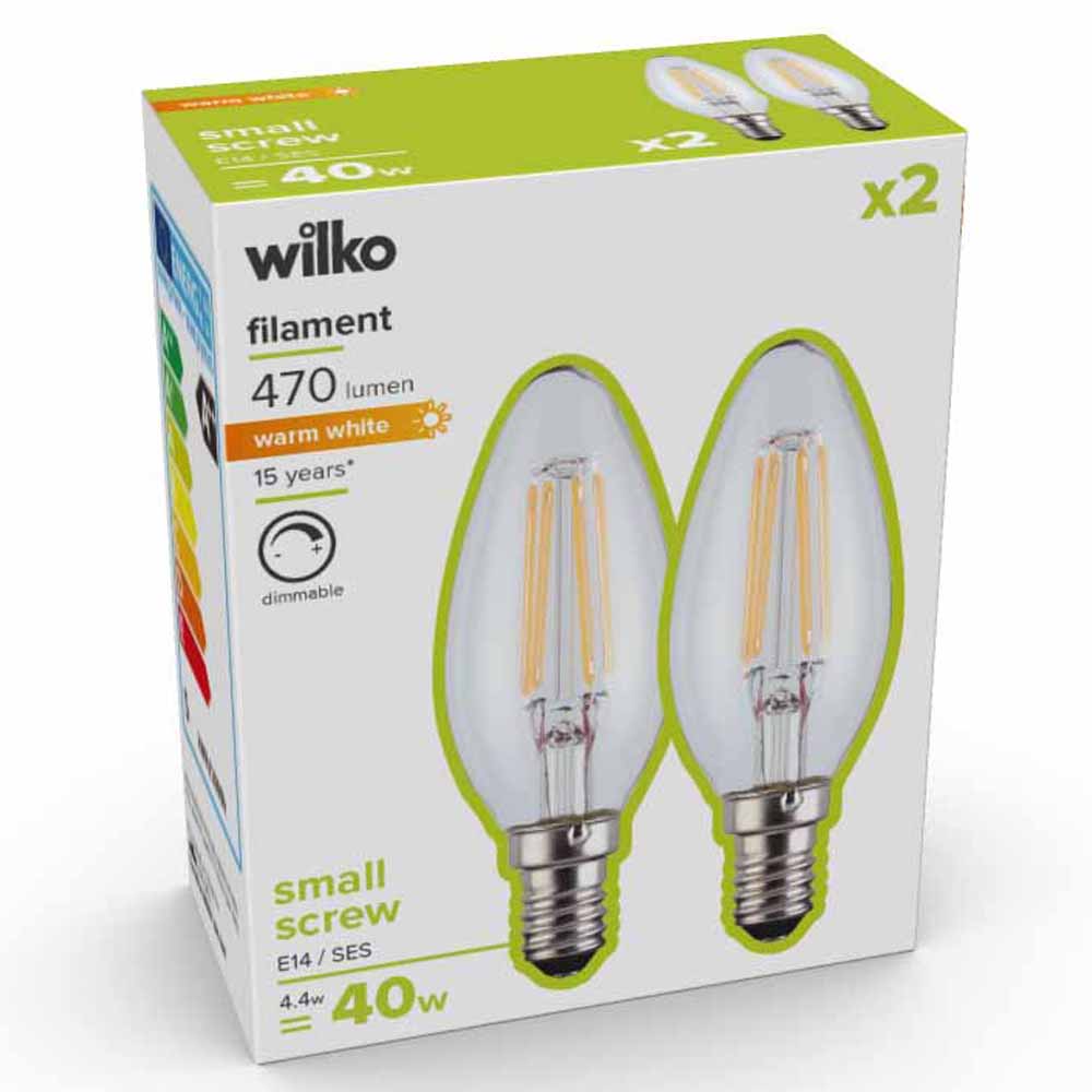 Wilko 2 pack Small Screw E14/SES 470lm LED Filament Candle Light Bulb Dimmable Image 3