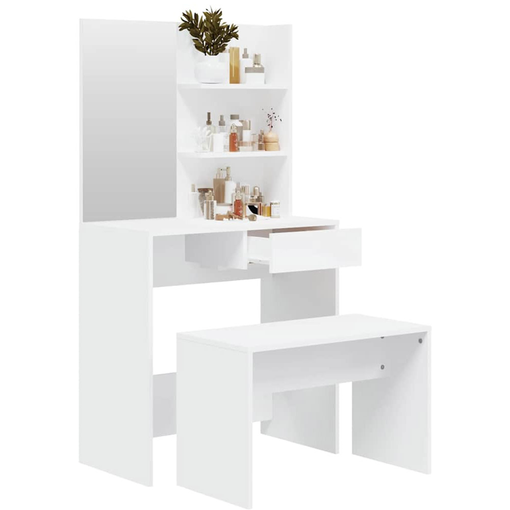 vidaXL Single Drawer 2 Shelf White Dressing Table and Stool Set with Mirror Image 4