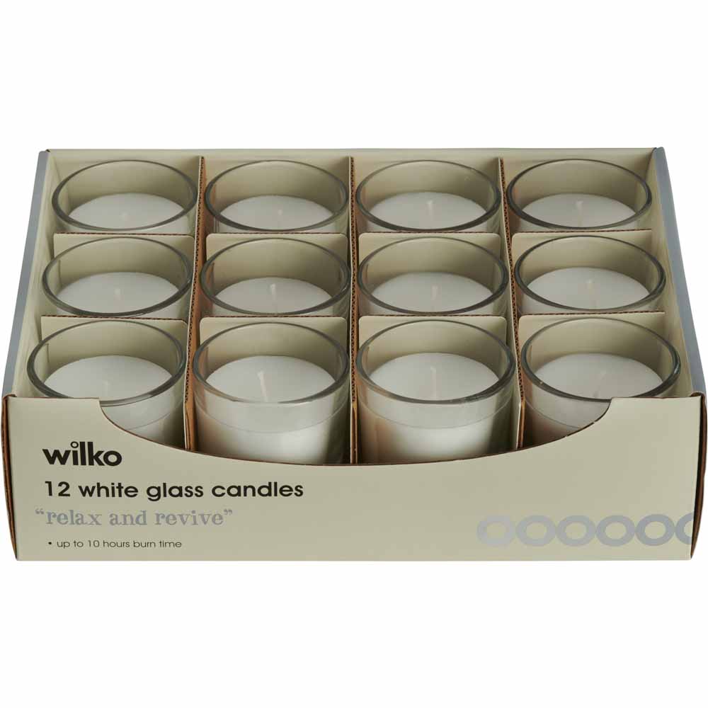 Wilko Votive Glass Candles White 12 Pack Wilko
