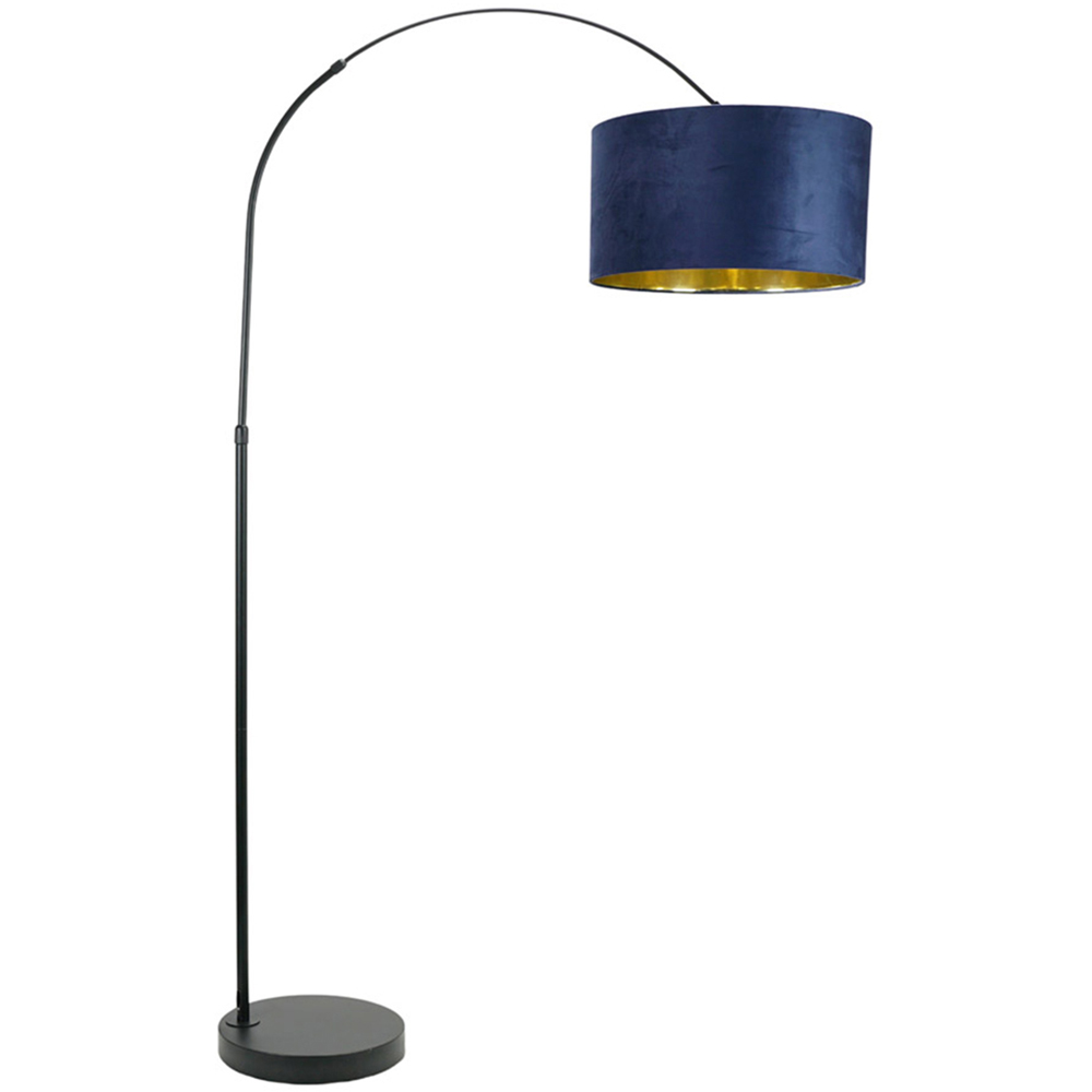 ValueLights Louis Black Arched LED Floor Lamp with Navy Blue and Gold Velvet Drum Lamp Shade Image 1