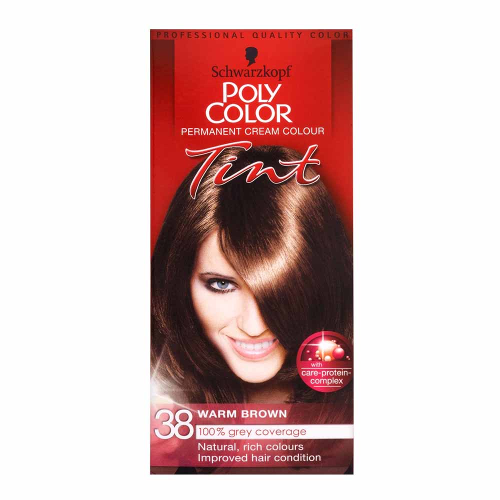 Schwarzkopf Poly Color Warm Brown 38 Permanent Hair Dye  - wilko Achieve a rich, natural shade with Schwarzkopf Poly Color Tint 38 Warm Brown. Poly Color Tint professional quality permanent hair colour offers natural  looking  colours with 100% grey coverage. The highly concentrated colour pigments penetrate deeply into the hair structure to ensure a rich, long-lasting  colour result, even  on grey or white hair. The Keratin Hair Strengthener strengthens the keratin structure of the hair while colouring. For healthy,  strengthened hair. The  colour result depends upon your natural hair colour. For long or thick hair we recommend using two packs. Please always  read the enclosed instruction leaflet  thoroughly before use.  Conduct an allergy alert test 48 hours before each time you colour, even if you have  already used colouring products before. So  remember to buy the product 48 hours in advance.Pack contains 1x each 50ml colour cream, 40ml  developer lotion and pair colourist gloves. Permanent  colour. One application. Caution; contains resorcinol, phenylenediamines and hydrogen peroxide.  Warning! Hair colorants can cause severe allergic reactions. Not  intended for use by persons under 16 years. Keep out of reach of children. For external use  only. Always read instructions carefully before use.