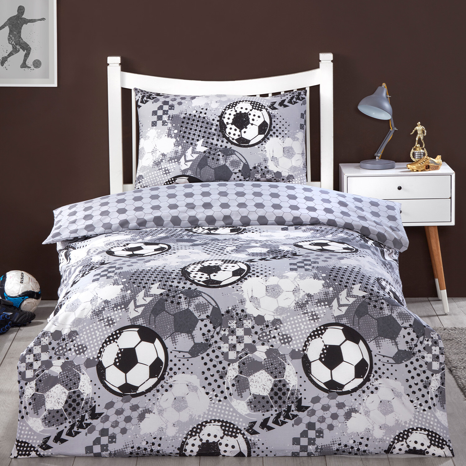 Football Duvet Cover and Pillowcase Set - Grey Image 1