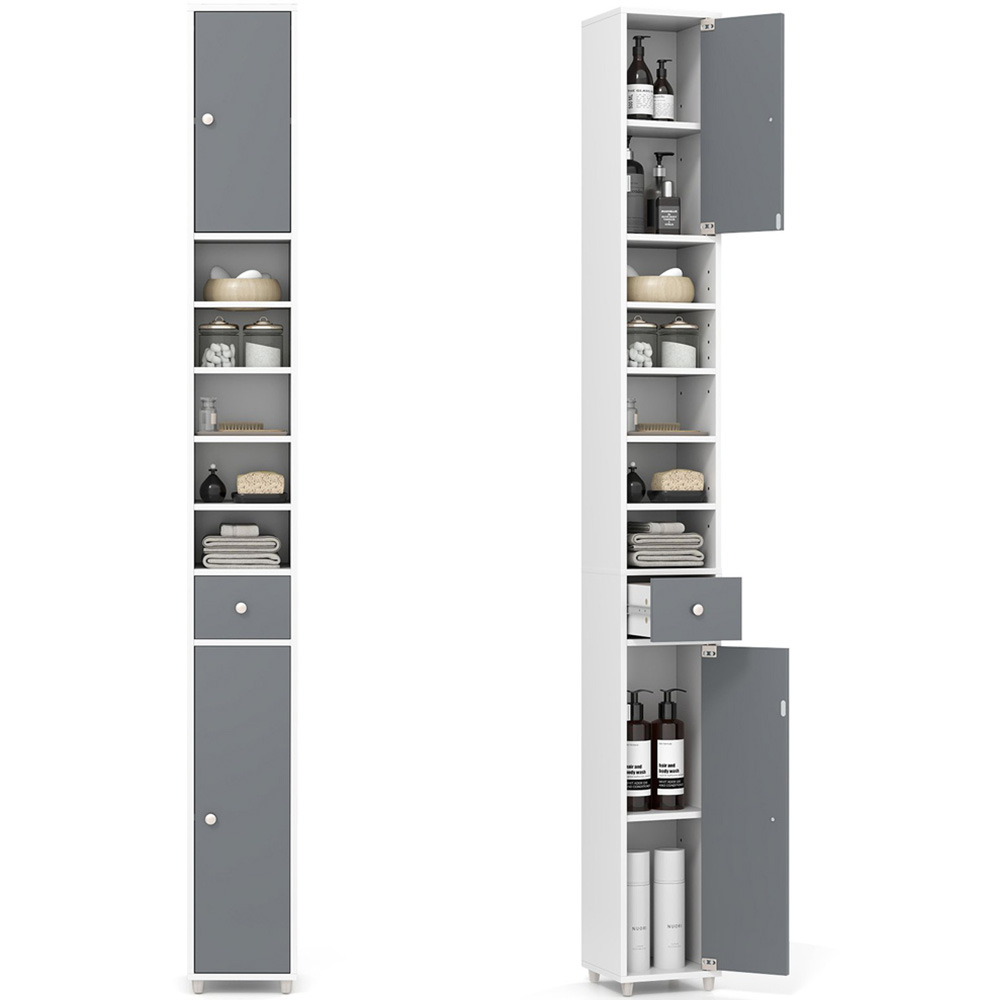 Costway Single Drawer 2 Door 5 Shelf Grey and White Tall Freestanding Bathroom Cabinet Image 2