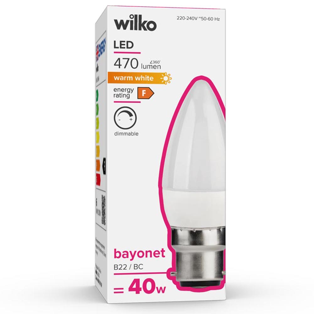 Wilko 1 pack Bayonet B22/BC LED 470 Lumens Dimmable Opal Candle Light Bulb Image 1