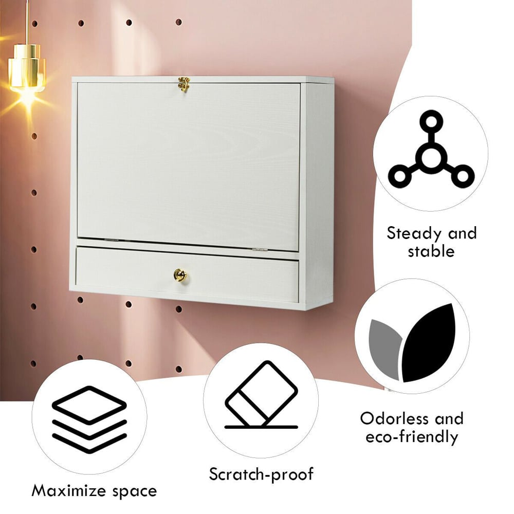 Costway Wall Mounted Foldable Wooden Cabinet with Multi-functional Desk White Image 7