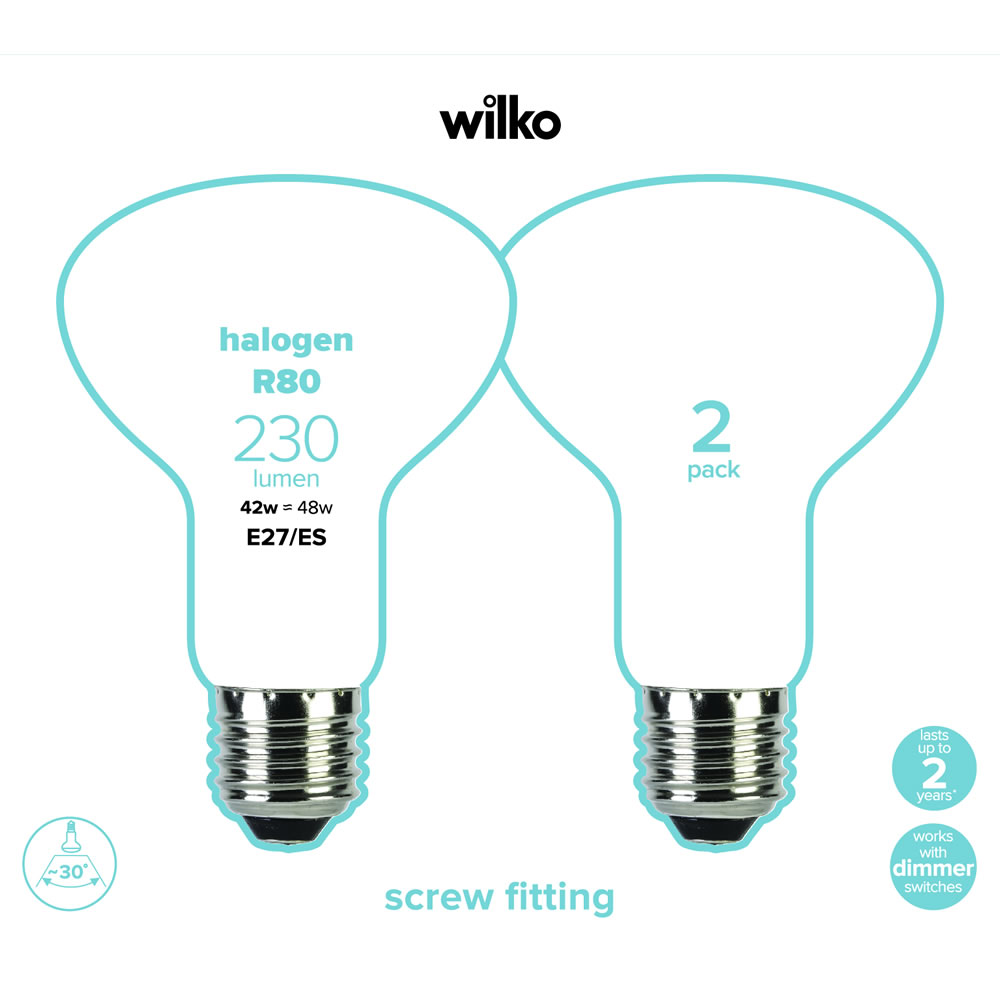 Wilko 2 pack Screw E27/ES Halogen 42W R80 Spotligh t Bulb Image 2