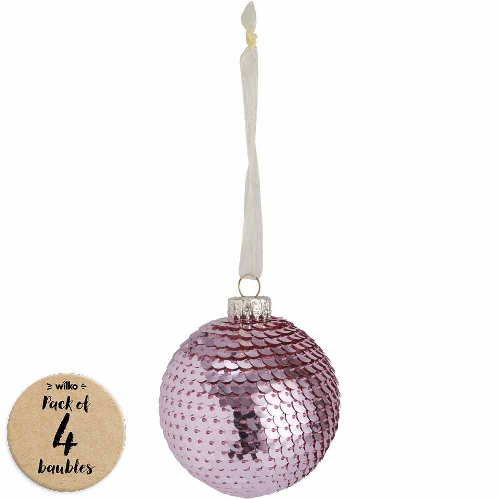 Wilko Cocktail Kisses Pink Sequin Christmas Baubles 4 Pack Image 1