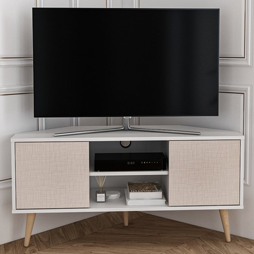 Decorotika Lesson 2 Door 2 Shelf White and Beige Corner TV Stand Image 1