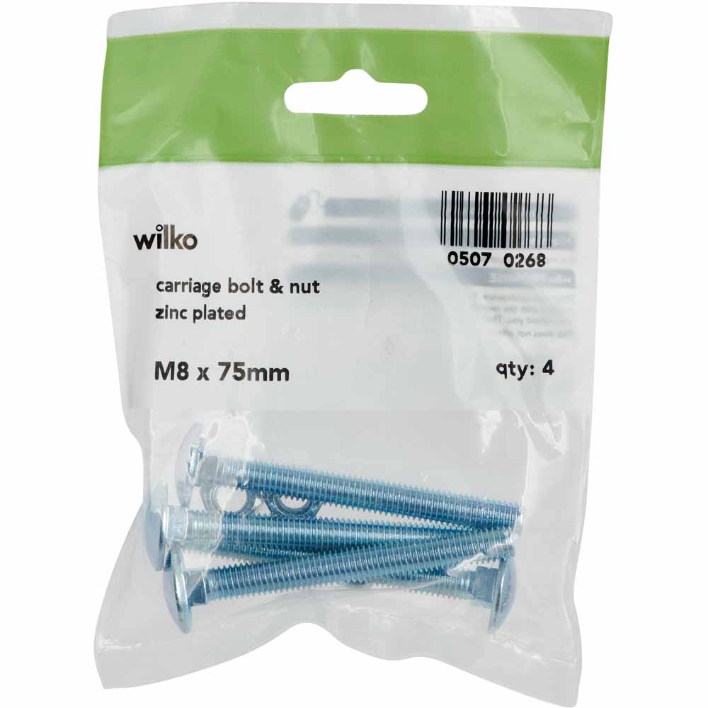 Wilko M8 x 75mm Carriage Bolts and Nuts 4 Pack Image