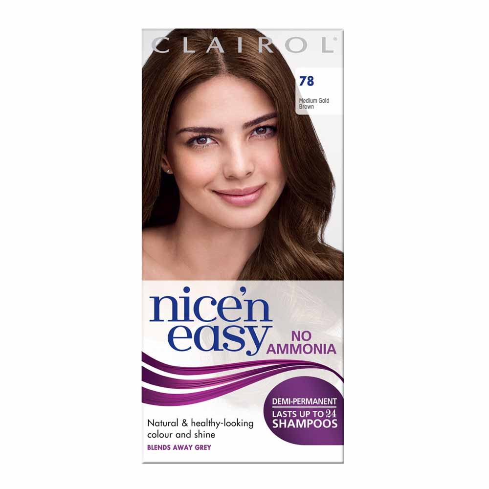 Clairol Nice'n Easy Medium Golden Brown 78 Non-Permanent Hair Dye  - wilko Multi tonal, natural looking colour  shine. No ammonia,    lasts up to 24 shampoos. Non-permanent colour, completely   blends away grey.  Warning! Hair  colourants can cause  severe allergic reactions. Always read label before use.Warning! Hair colorants Clairol Nice'n Easy Medium Golden Brown 78 Non-Permanent Hair Dye