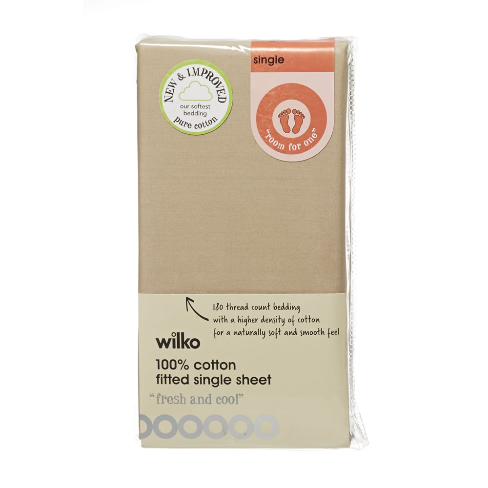 Wilko 100% Cotton Taupe Single Fitted Sheet Image