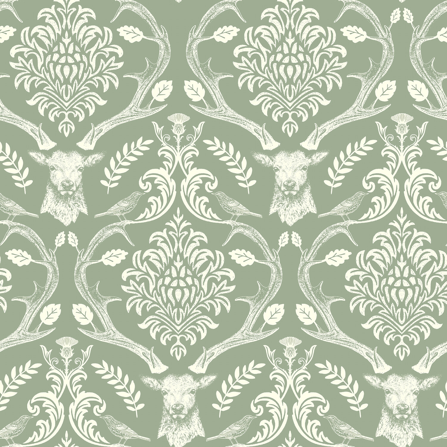 Stag Damask Sage Green Wallpaper - Sage Green Image 1