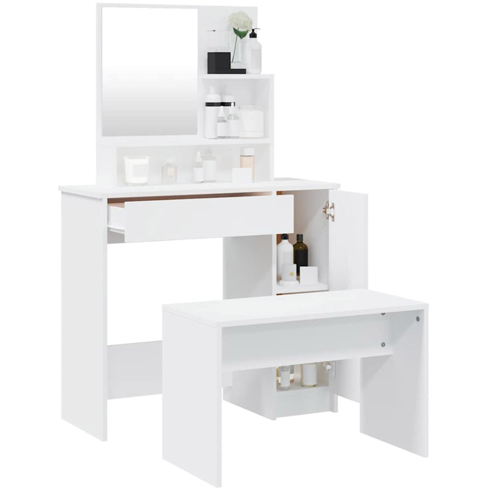 vidaXL Single Door Single Drawer White Dressing Table and Stool Set with Mirror Image 4