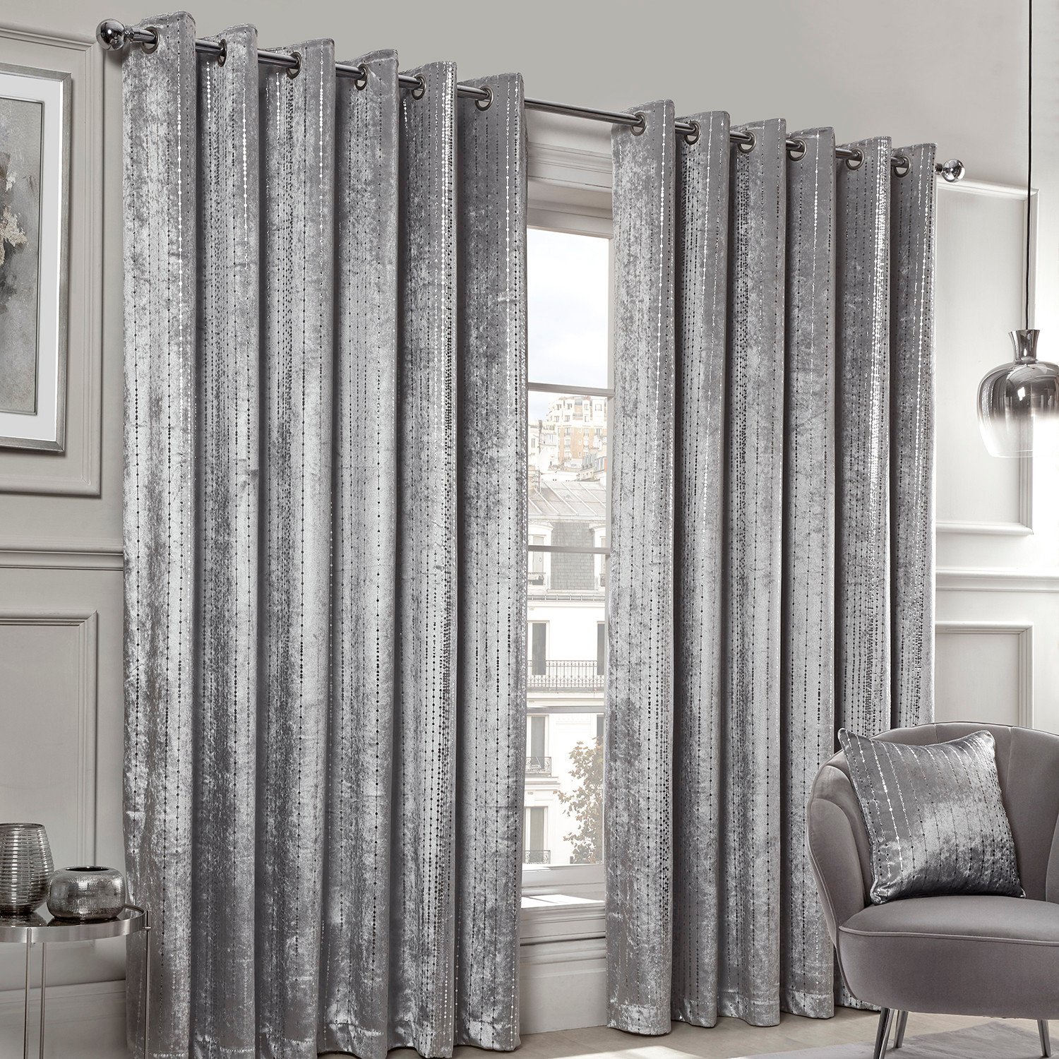 Divante Selina Silver Foil Dotty Stripe Eyelet Curtain 229 x 229cm Image 2