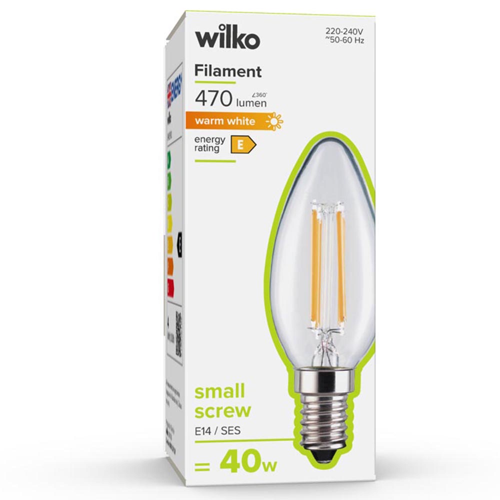 Wilko 1 Pack Small Screw E14/SES LED Filament 470 Lumens Candle Light Bulb Image 1