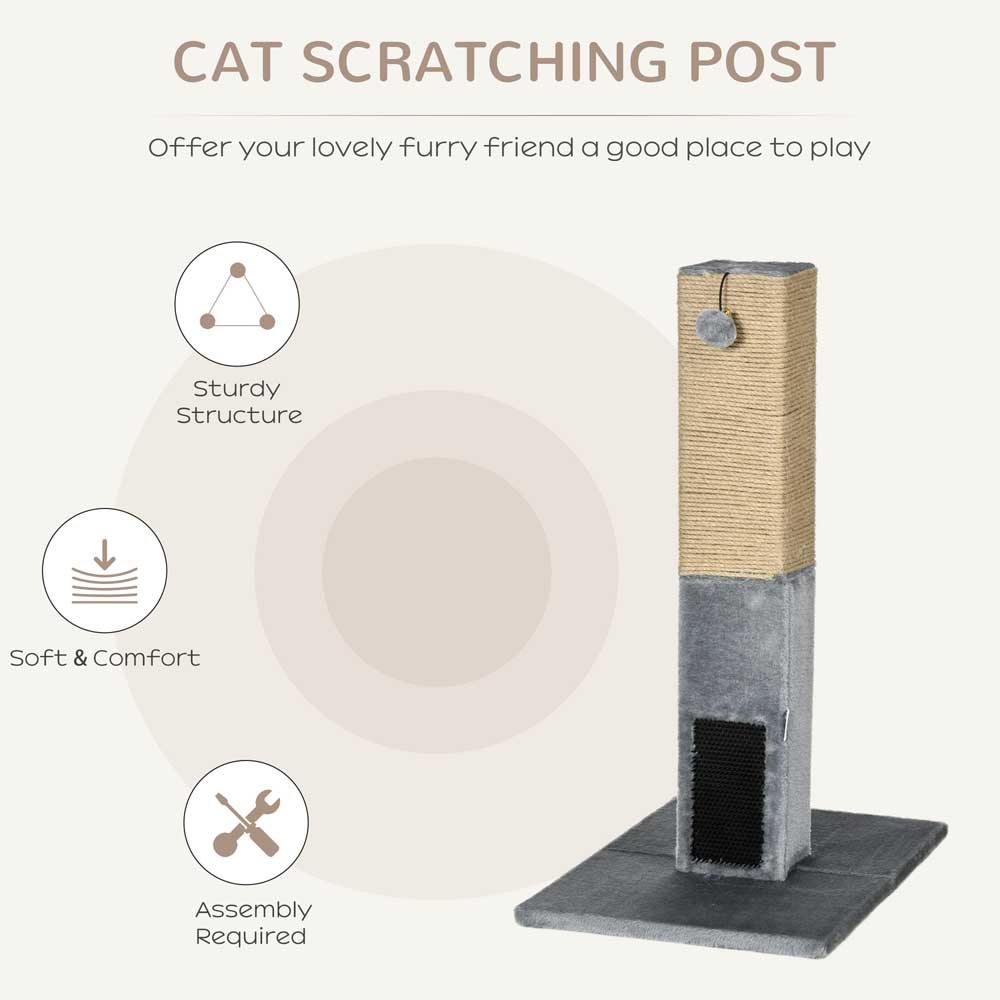 PawHut Cat Scratching Post Scratcher Climber w/ Carpet Base Hanging Toy - Grey Image 3
