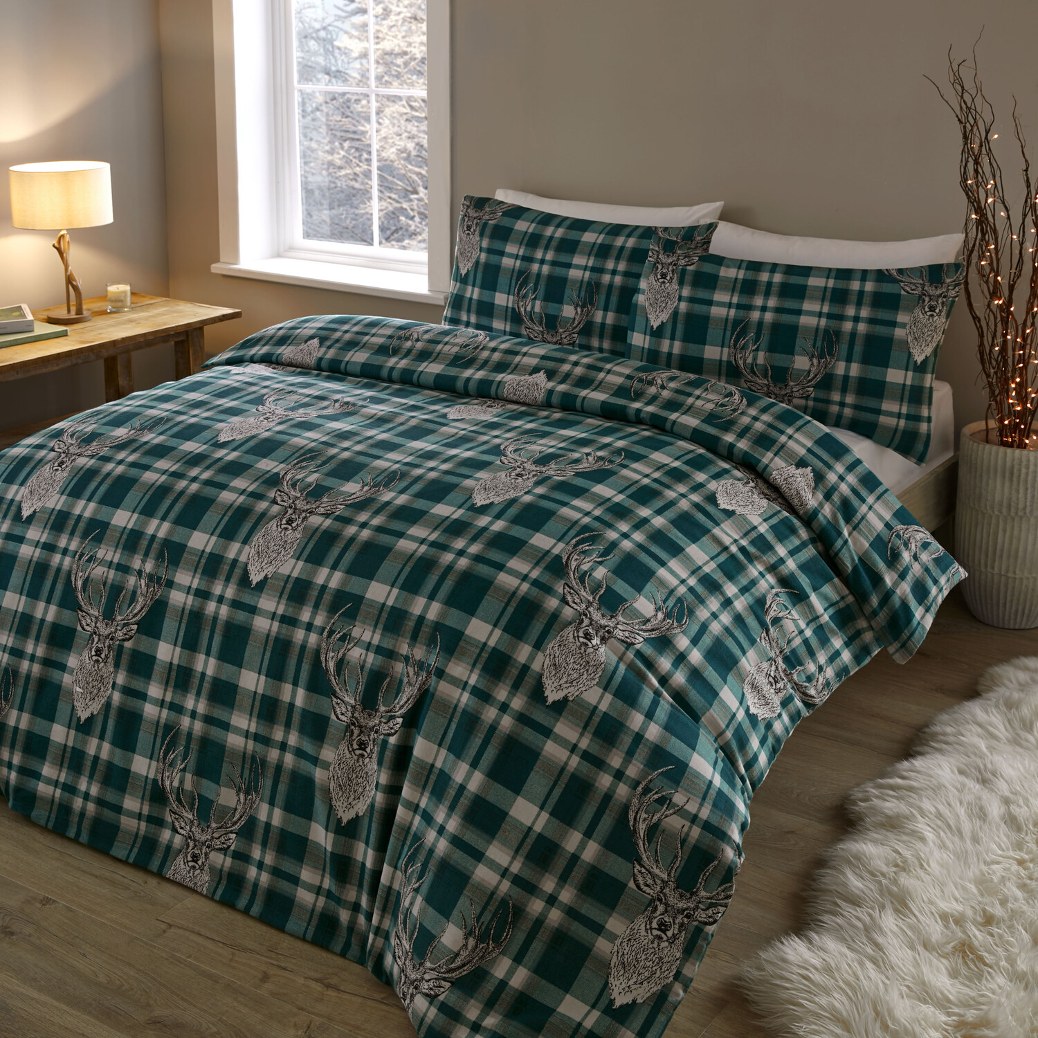 Divante King Green Moorland Stag Check Duvet Cover and Pillowcase Set Image 2