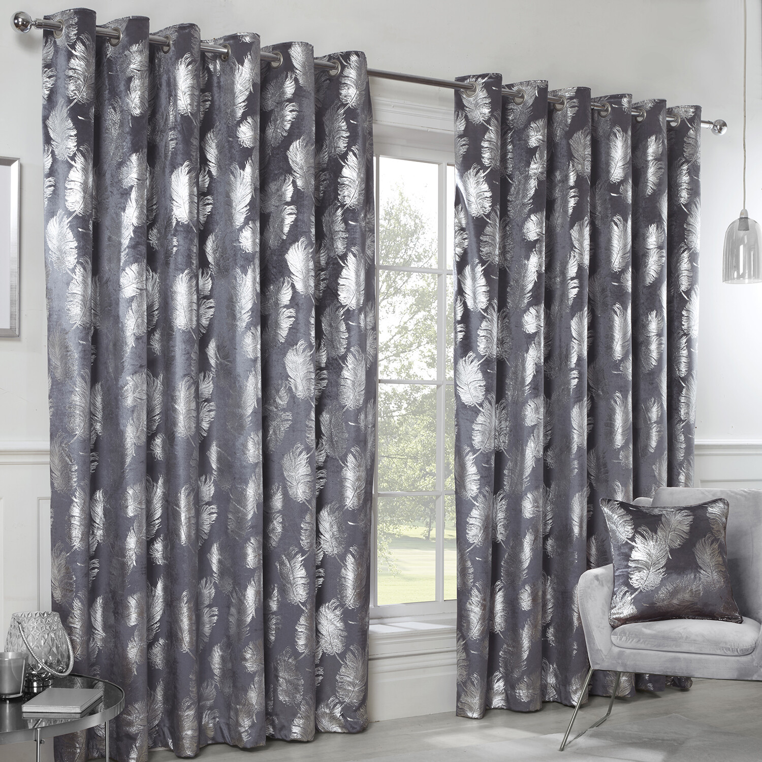 Divante Charcoal Plume Metallic Feather Curtains 229 x 168cm Image 2